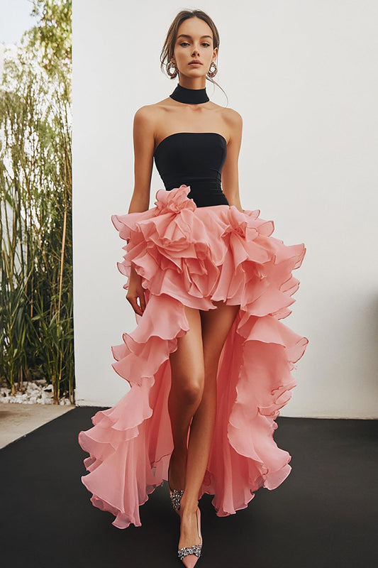 Black&Pink Chiffon High Low A Line Tiered Formal Dress