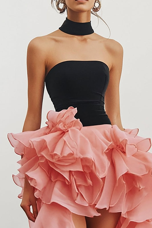 Black&Pink Chiffon High Low A Line Tiered Formal Dress