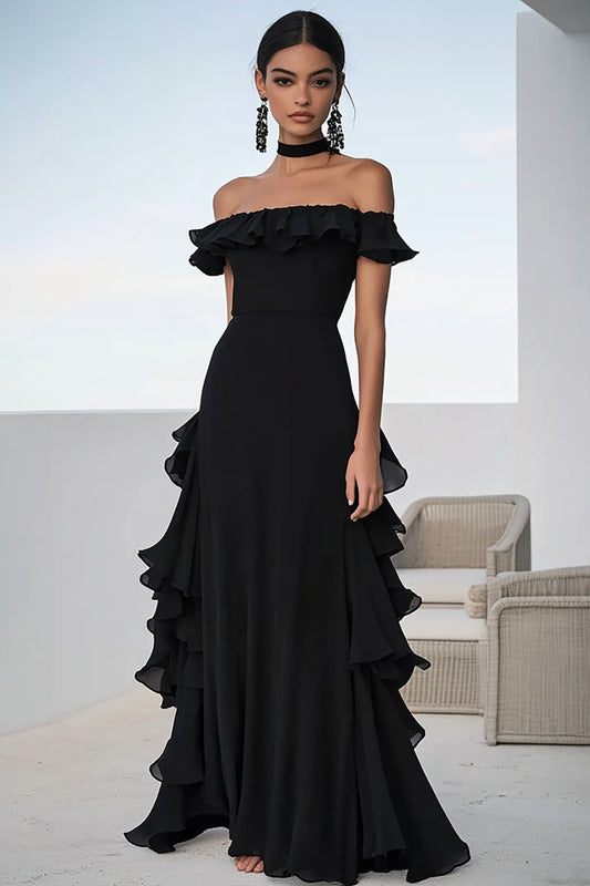 A Line Black Off the Shoulder Chiffon Long Formal Dress