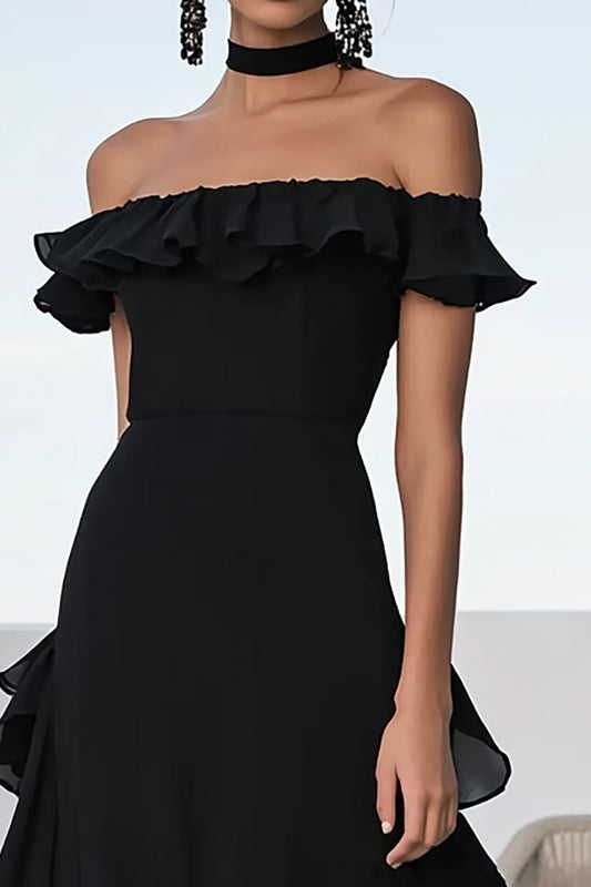 A Line Black Off the Shoulder Chiffon Long Formal Dress