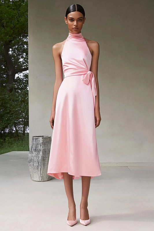 Pink Satin A Line Halter Knee-Length Formal Dress