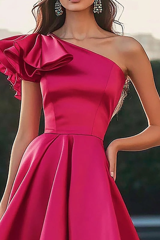 Fuchsia A Line One Shoulder Satin Long Formal Dress