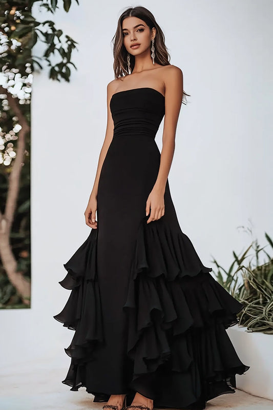 Chiffon A Line Tiered Long Square Neck Black Tie Dress