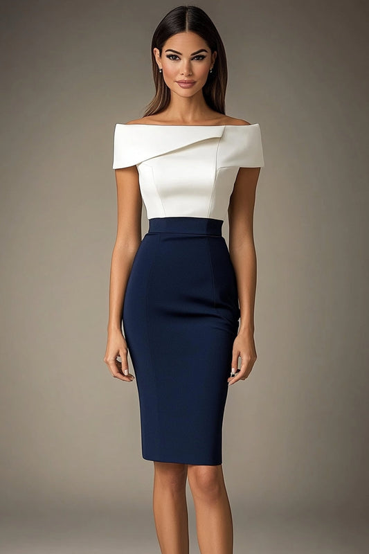 White and Navy Off The Shoulder Midi Bodycon Formal Dress
