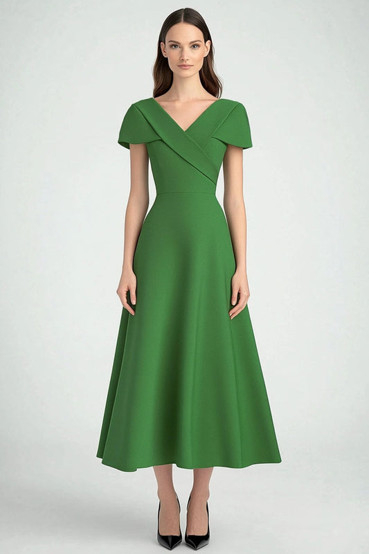 Green V-Neck A Line Midi Formal Dress with Short Sleeves
