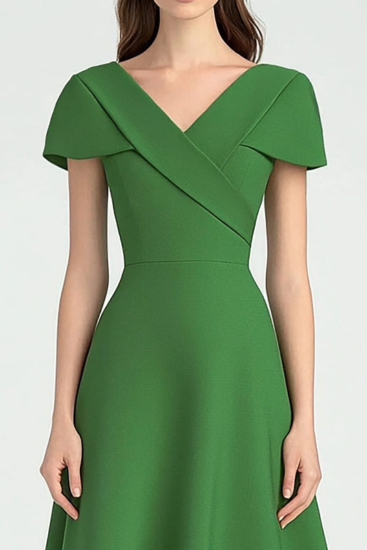 Green V-Neck A Line Midi Formal Dress with Short Sleeves