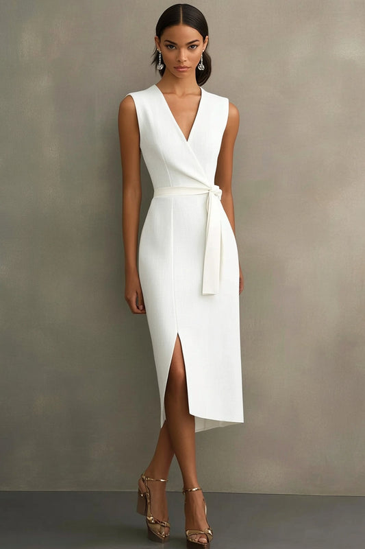 White Satin V-Neck Sleeveless Midi Formal Dress with Belt