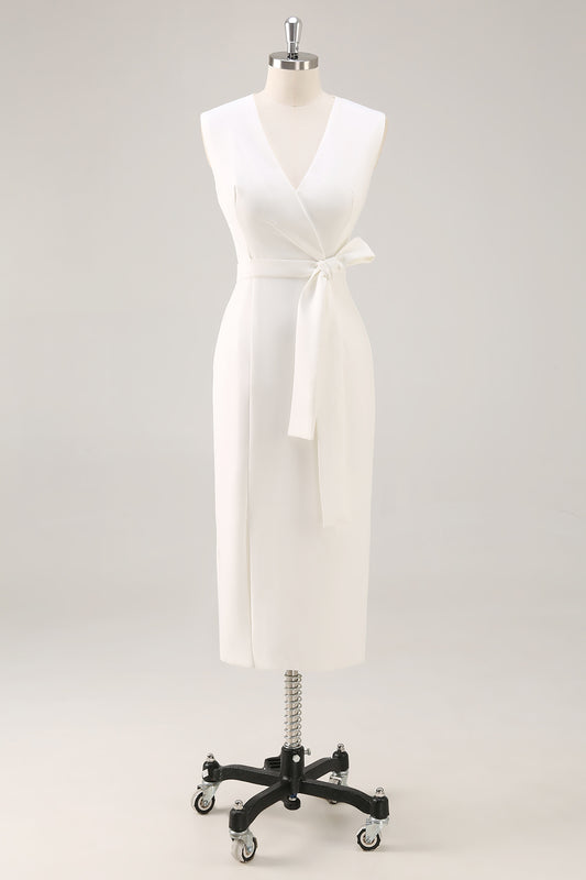 White V-Neck Sleeveless Satin Midi Formal Dress with Slit