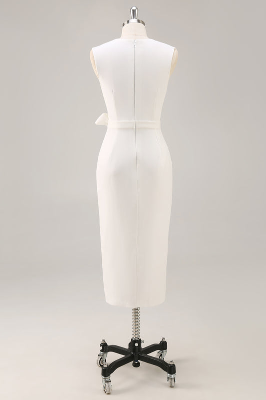 White V-Neck Sleeveless Satin Midi Formal Dress with Slit