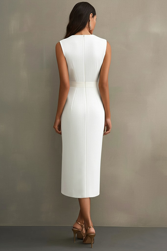 White Satin V-Neck Sleeveless Midi Formal Dress with Belt
