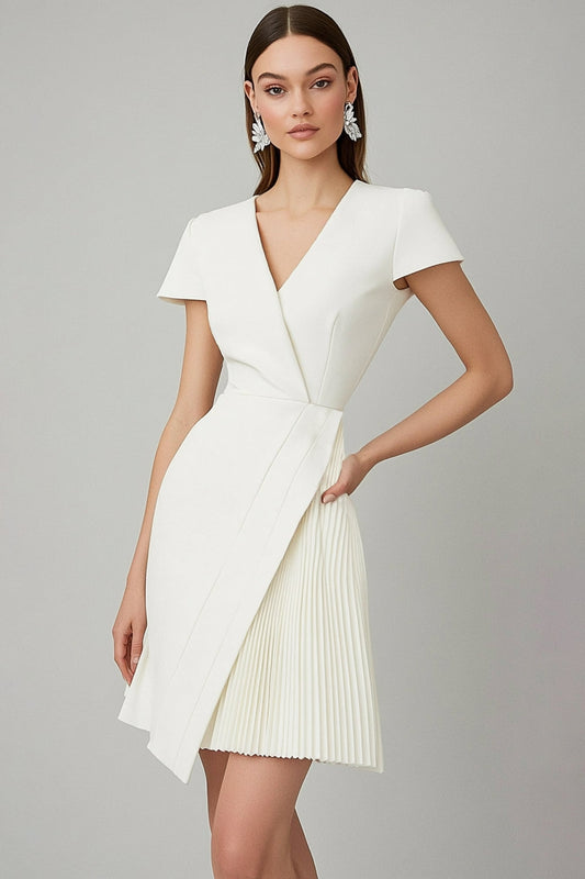 White A Line V-Neck Short Work Dress with Short Sleeves