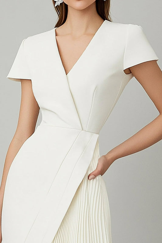 White A Line V-Neck Short Work Dress with Short Sleeves