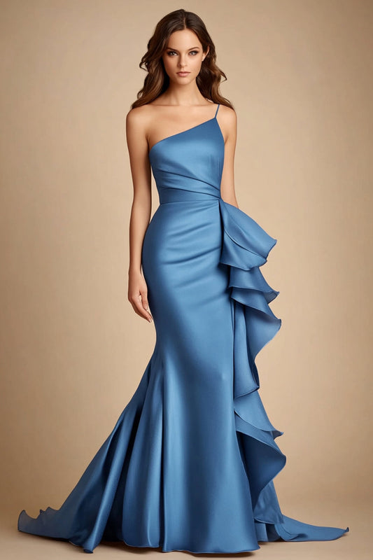 Blue One Shoulder Satin Mermaid Long Wedding Guest Dress with Ruffles