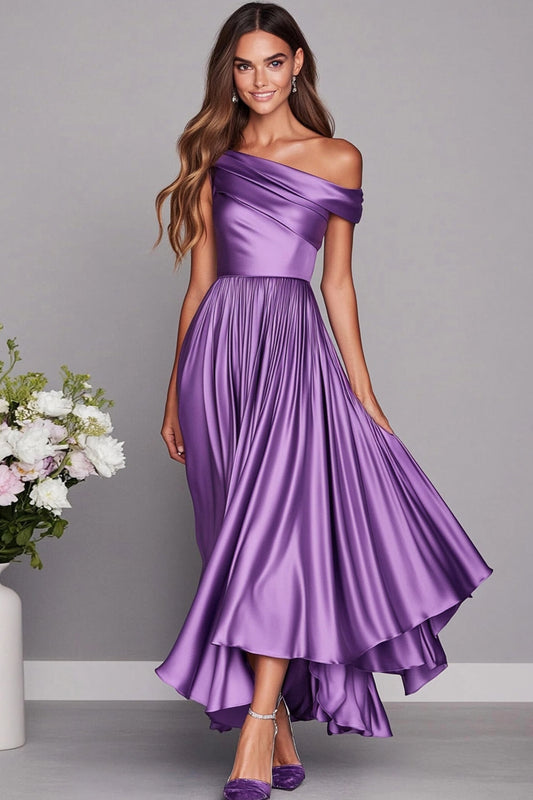 Lilac One Shoulder Long Satin Wedding Guest Dress with Pleated