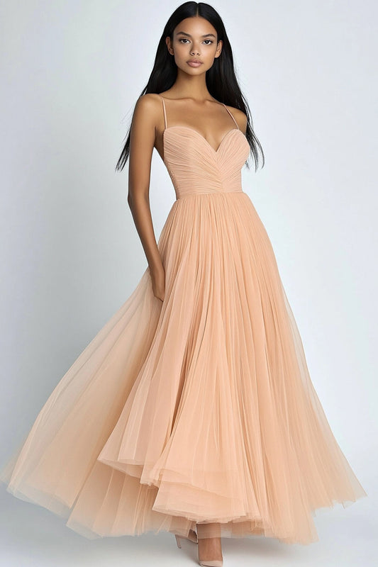 Peach A Line Long Tulle Sweetheart Wedding Guest Dress