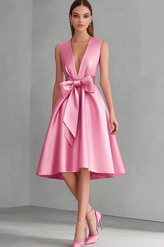 Pink A Line Satin Knee-Length Wedding Guest Dress with Bow