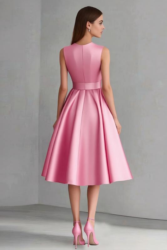 Pink A Line Satin Knee-Length Wedding Guest Dress with Bow