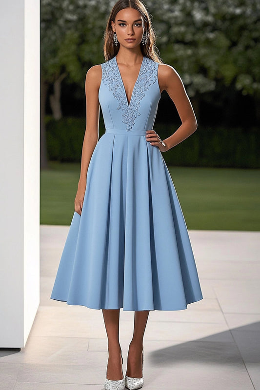 A Line Sky Blue Deep V-Neck Mid-Calf Wedding Guest Dress