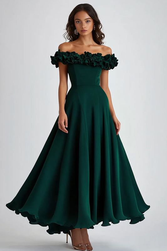 A Line Dark Green Off the Shoulder Long Wedding Guest Dress