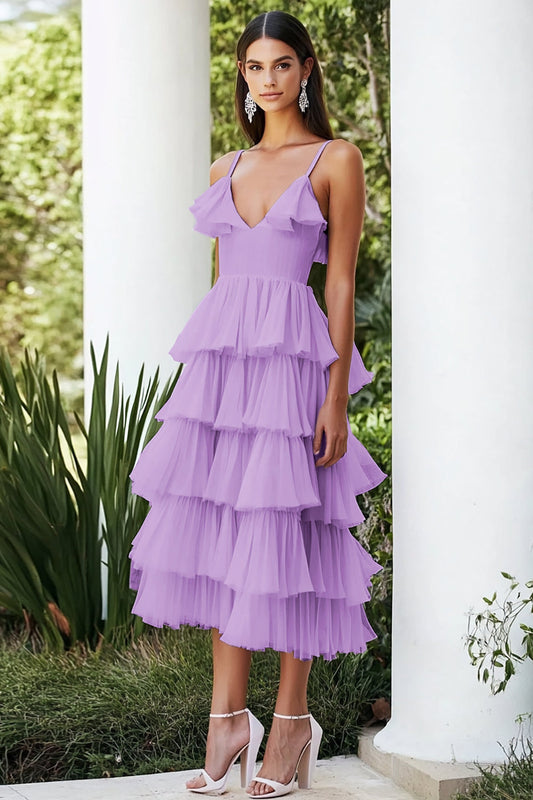 Lilac V-Neck Chiffon Tiered Mid-Calf Wedding Guest Dress with Ruffles