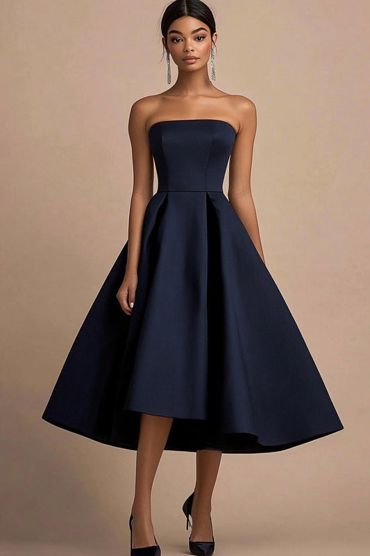 Navy A Line Satin Square Neck Mid-Calf Wedding Guest Dress Strapless Semi Formal Dress