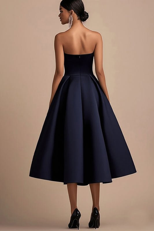 Navy A Line Satin Square Neck Mid-Calf Wedding Guest Dress