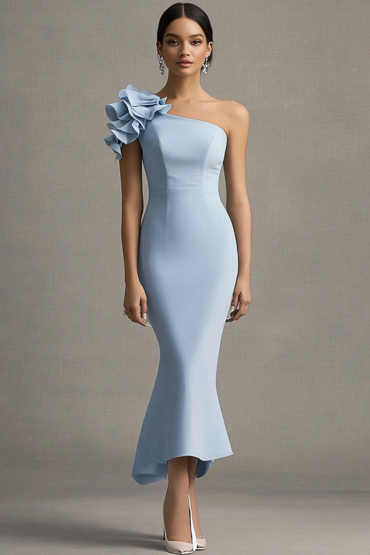 Sky Blue Mermaid One Shoulder Long Wedding Guest Dress