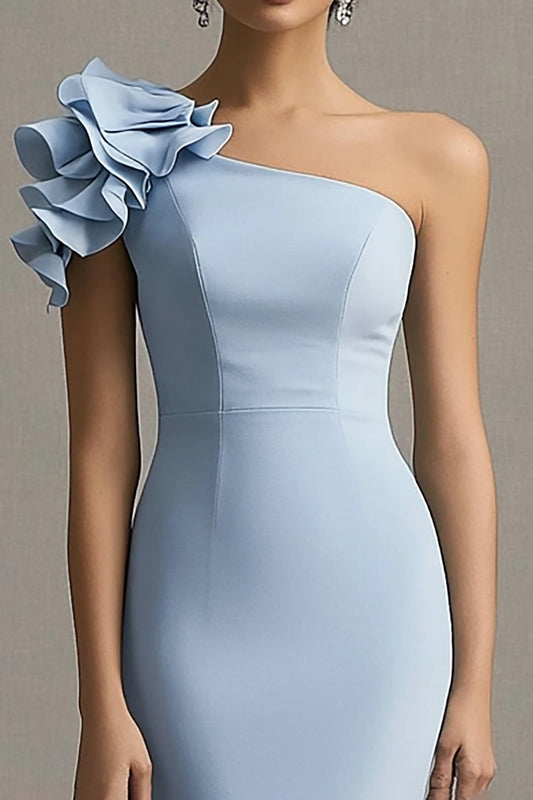 Sky Blue Mermaid One Shoulder Long Wedding Guest Dress
