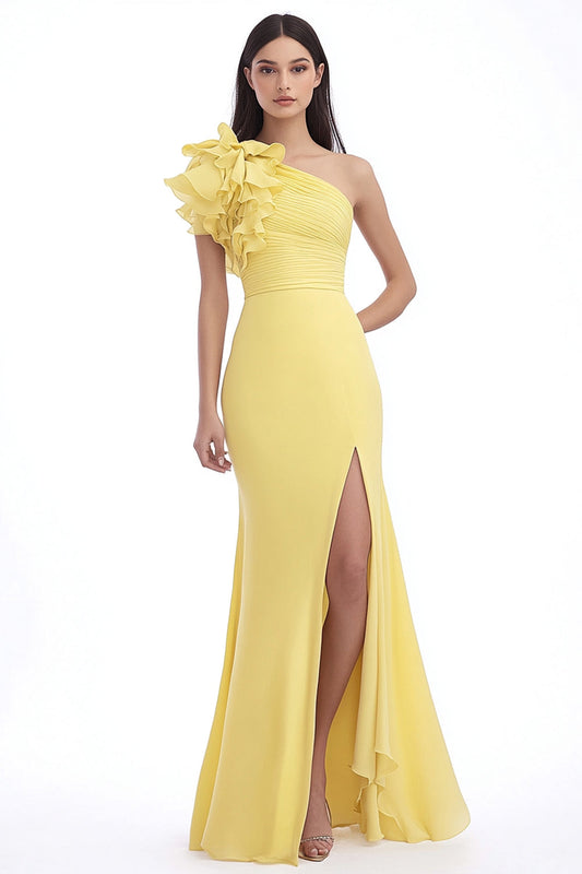 Daffodil Chiffon Sheath Long Wedding Guest Dress with Slit