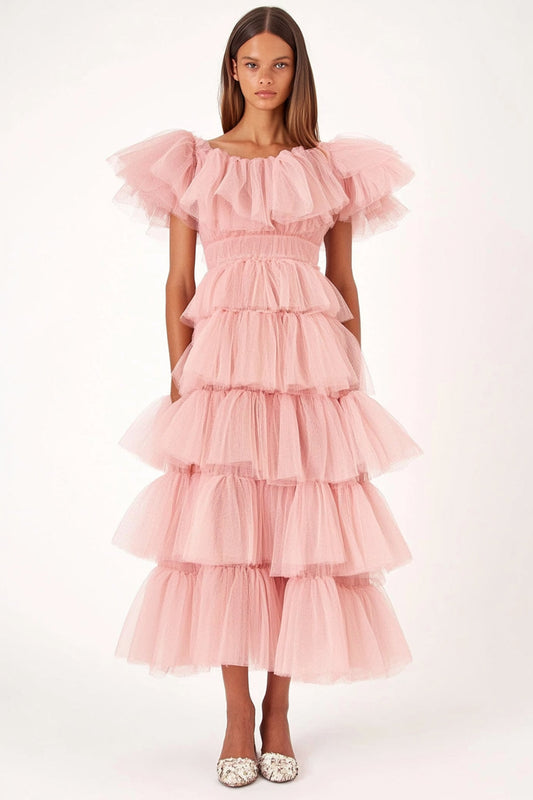 Pink Tiered A Line Long Wedding Guest Dress with Ruffles