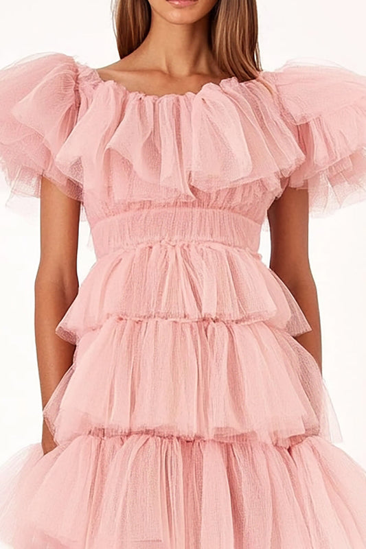 Pink Tiered A Line Long Wedding Guest Dress with Ruffles