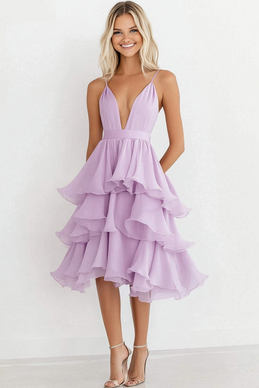 Lilac Chiffon Knee-Length V-Neck Wedding Guest Dress with Ruffles