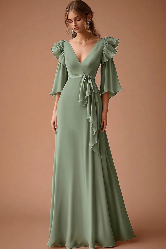 Dusty Sage Chiffon Ruffled A Line Long Wedding Guest Dress with Sleeves