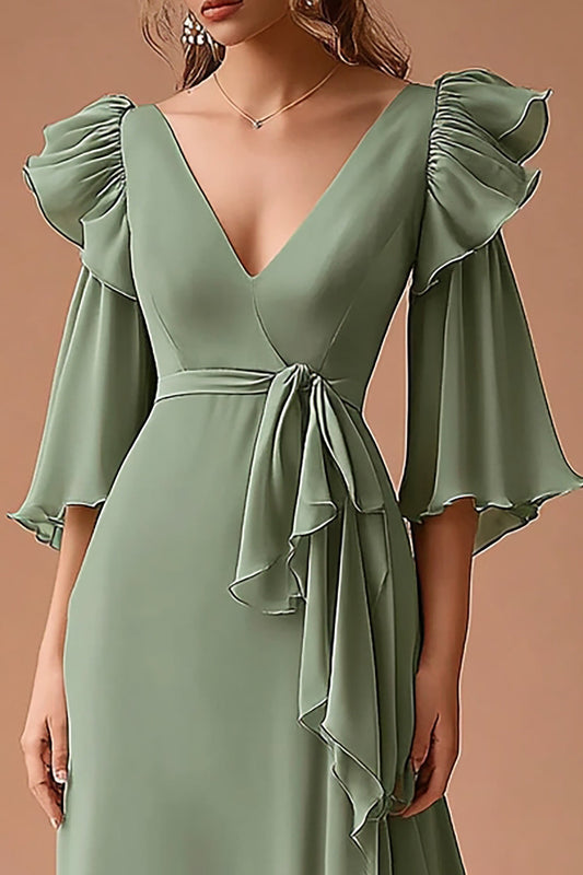 Dusty Sage Chiffon Ruffled A Line Long Wedding Guest Dress with Sleeves