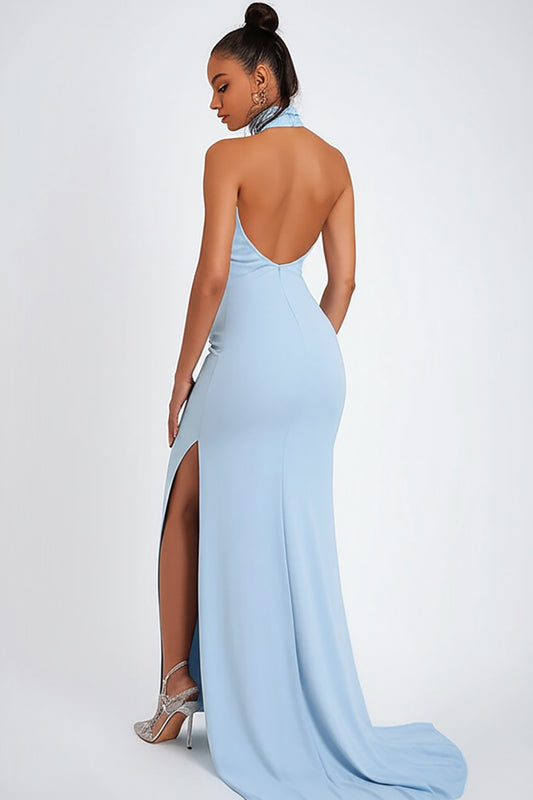 Sky Blue Mermaid Long Satin Wedding Guest Dress with Slit