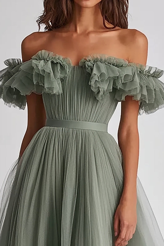A Line Dusty Sage Off the Shoulder Long Wedding Guest Dress with Ruffles