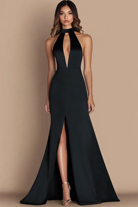 Simple Halter Satin Long Keyhole Black Tie Dress with Slit