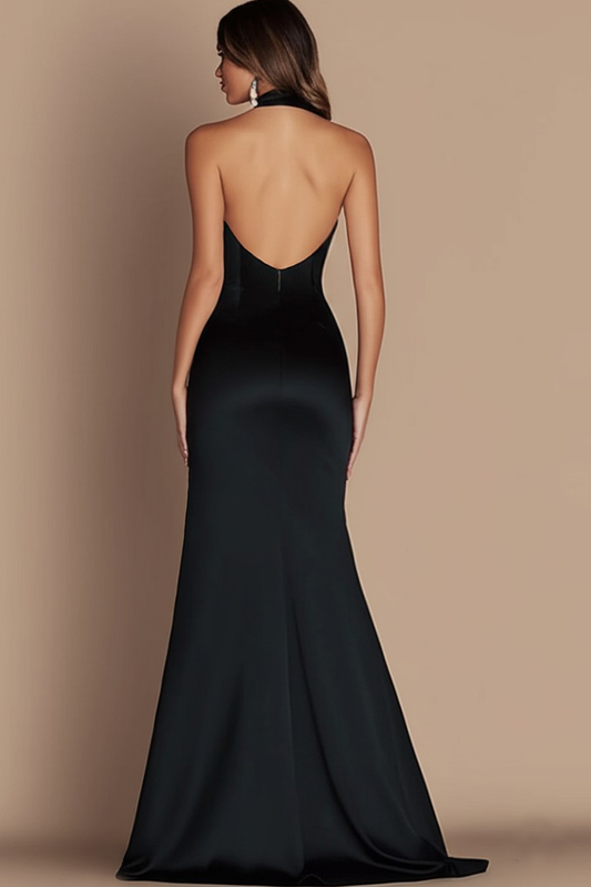 Simple Halter Satin Long Keyhole Black Tie Dress with Slit