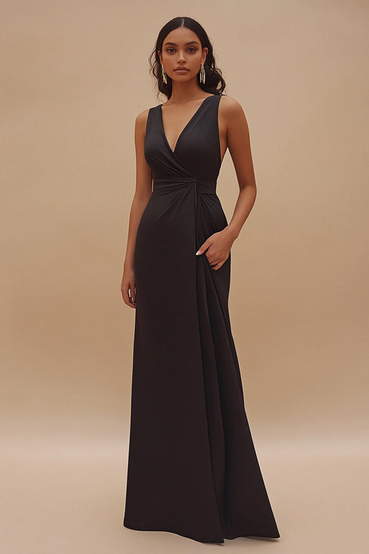 Satin V-Neck Sleeveless Long Satin Black Tie Dress