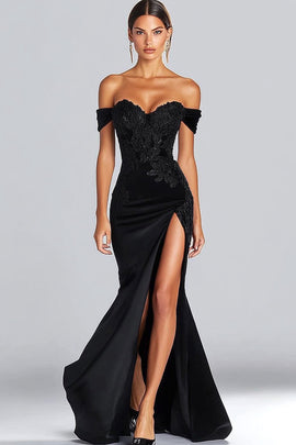 Off the Shoulder Long Satin Black Tie Gala Dress with Slit