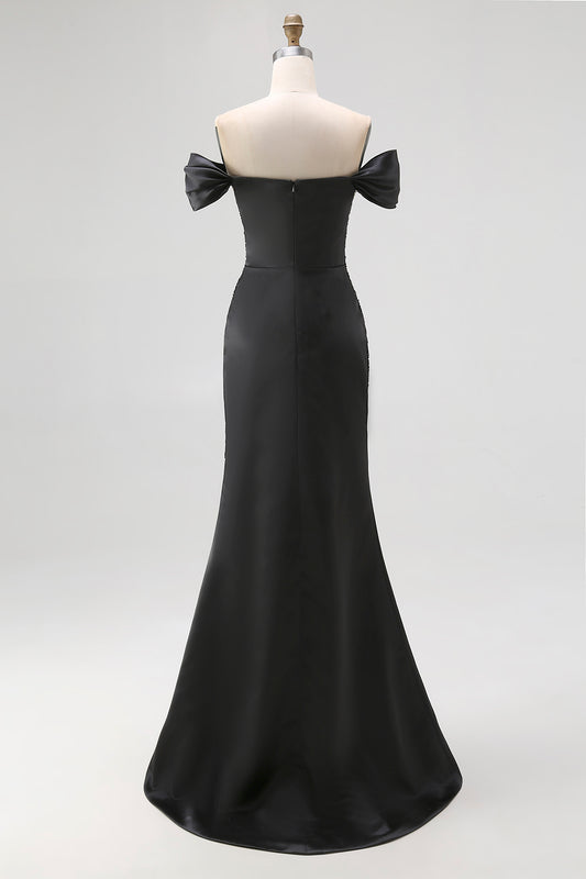 Mermaid Off the Shoulder Long Satin Black Tie Gala Dress with Slit