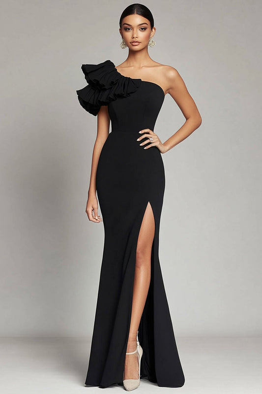 Mermaid One Shoulder Long Satin Black Tie Gala Dress with Slit