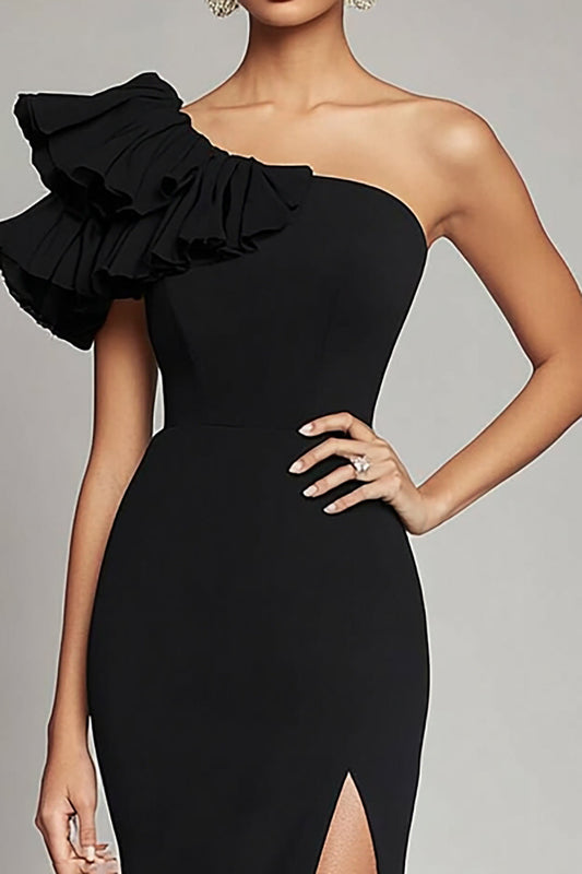 Mermaid One Shoulder Long Satin Black Tie Gala Dress with Slit