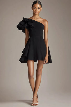 A Line One Shoulder Satin Short Little Black Dress