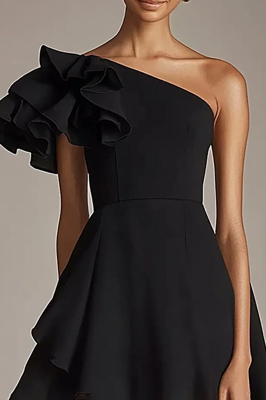 A Line One Shoulder Satin Short Little Black Dress