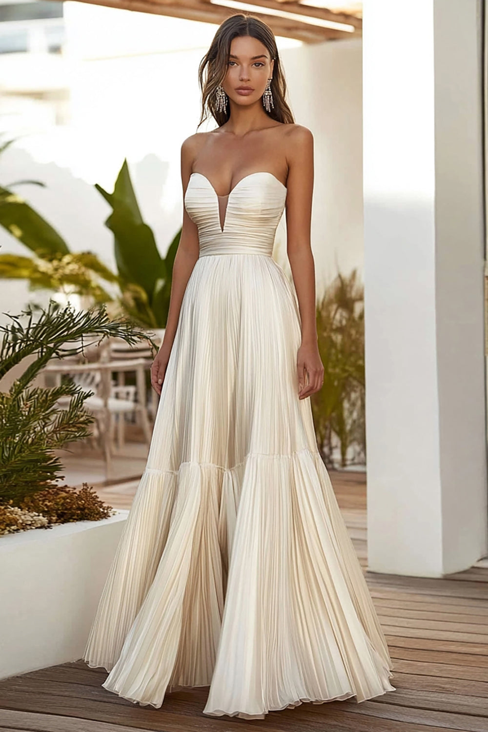 ZAPAKASA Women Champagne Strapless A Line Long Wedding Guest Dress Sweetheart Pleated Floor-Length Evening Dress ZAPAKASA Women Champagne Strapless A Line Long Wedding Guest Dress Sweetheart Pleated Floor-Length Evening Dress