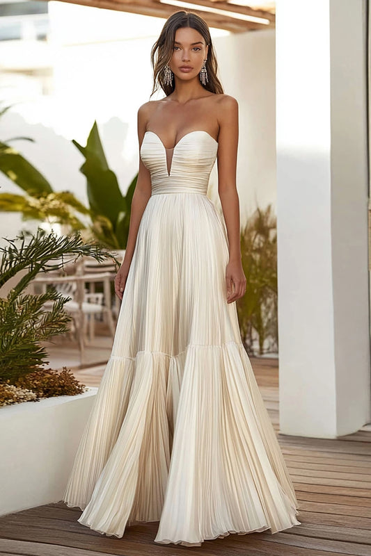 Champagne Strapless A Line Long Wedding Guest Dress