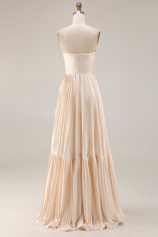 Champagne A Line Pleated Sweetheart Long Wedding Guest Dress