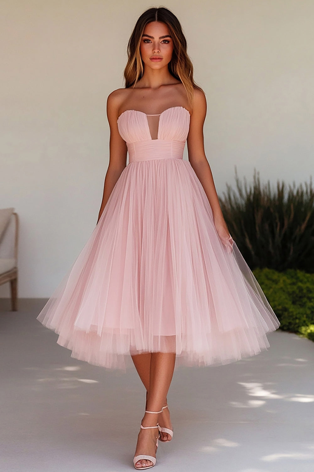 Zapaka Women Strapless Pink Wedding Guest Dress A Line Tulle Pleated Midi Formal Dress, Pink / US12 Zapaka Women Strapless Pink Wedding Guest Dress A Line Tulle Pleated Midi Formal Dress, Pink / US12
