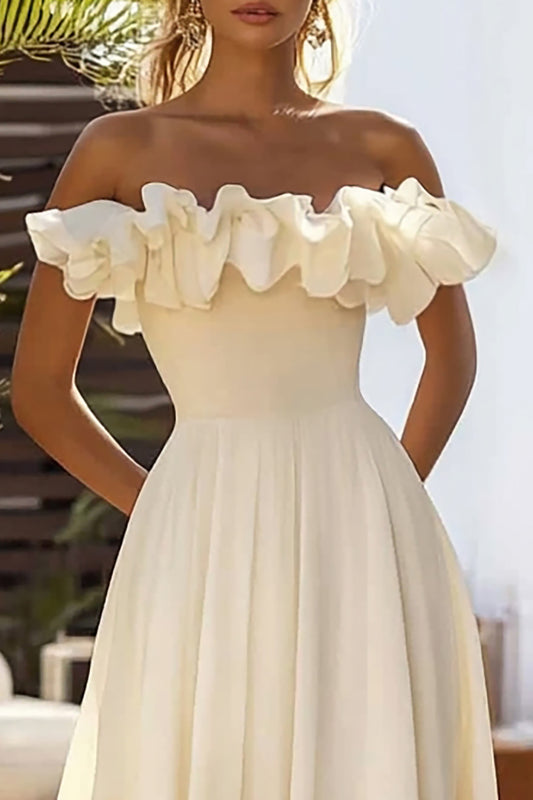 Daffodil Off the Shoulder A Line Long Wedding Guest Dress with Ruffles